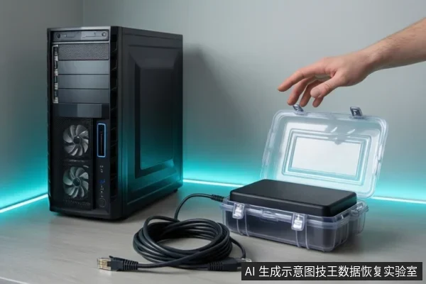 桌面上有一台黑色台式主机，旁边放着一个打开的透明防水盒，盒内是黑色硬盘盒，连接着SATA数据线，一只手正伸向盒盖。