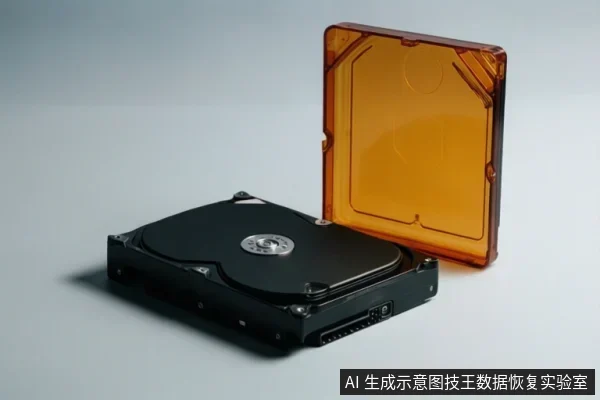 灰色背景上放置一块黑色机械硬盘,旁边立着一块橙色半透明塑料盖板,画面无文字。