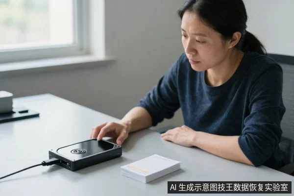 亚洲女性坐在浅灰色桌前,右手触摸连接着黑色数据线的外置硬盘,旁边放着一叠白色便签。