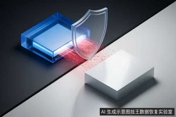 画面中一个蓝色透明方块与一个白色方块相对,中间有一道透明盾牌,红色粒子从蓝色方块穿过盾牌被阻挡。
