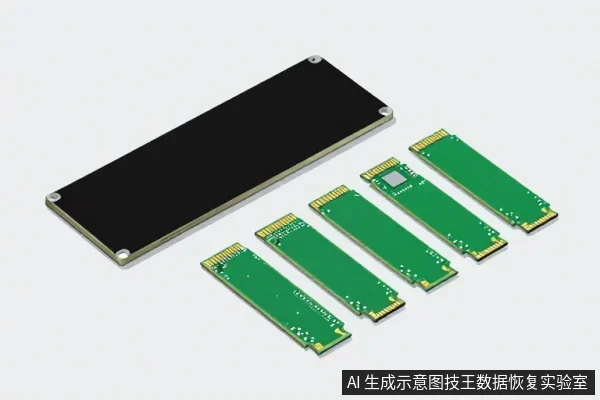 一块黑色长条形M.2 SSD与五块绿色M.2 SSD电路板呈斜向排列在白色背景上