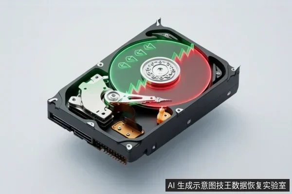 一块打开外壳的机械硬盘,盘片上有绿色和红色区域,红色区域边缘呈锯齿状,磁头臂位于盘片上方,背景为浅灰色。