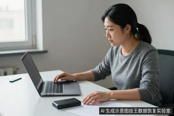 一名亚洲女性坐在白色办公桌前，专注地看着打开的笔记本电脑，右手放在键盘上，桌上放着手机和纸张。