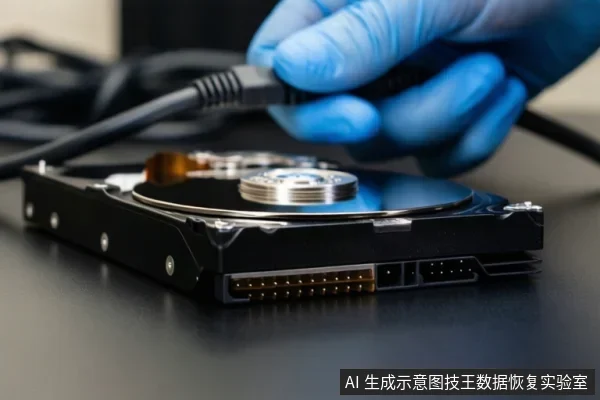 戴蓝色手套的手持黑色线缆,靠近一个打开外壳、露出盘片与主轴的机械硬盘,硬盘平放在深色桌面上。