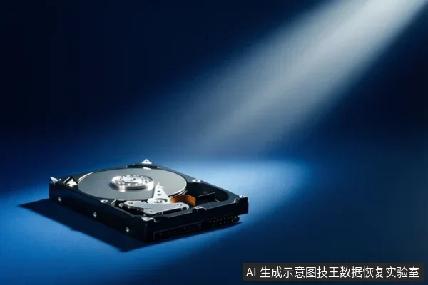 蓝色背景下一块打开外壳的机械硬盘,可见盘片、主轴和磁头组件,右上方有光束照射。