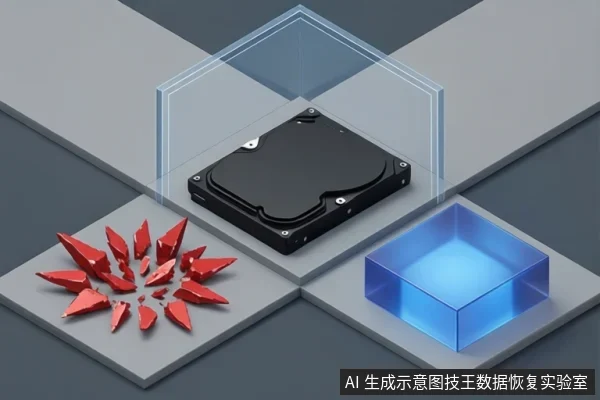 灰色台面上放置一块黑色机械硬盘，上方有透明防护罩示意；左下为红色碎裂晶体，右下为蓝色发光方块，整体为数据恢复风险与保护的抽象示意图。