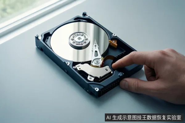 画面中一块打开的机械硬盘放在浅色桌面上,可见盘片、主轴和磁头组件;一只手的手指正触碰硬盘边缘。