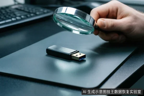 画面显示一只手握着放大镜,正悬停在一个放在深色桌垫上的黑色U盘上方,背景可见部分键盘。