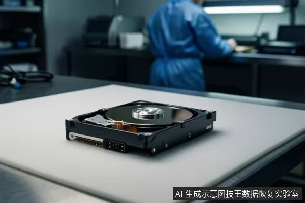 实验室工作台上放置一块打开外壳的机械硬盘,可见盘片、磁头组件和接口;背景中一名穿蓝色工作服的人员在操作台工作。