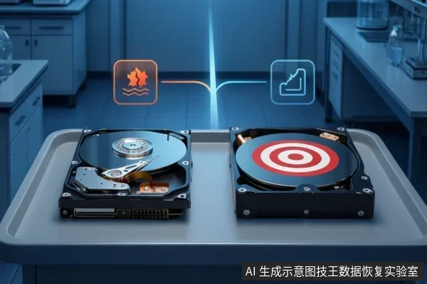 托盘上并排放置两块开盖机械硬盘,左侧盘片上方悬浮橙色裂纹图标,右侧盘片带红白靶心图案并有蓝色文档图标,背景为实验室台面与瓶罐。