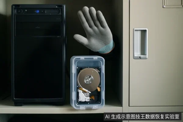 机柜内有一台黑色塔式主机,旁边透明盒中放着一块拆开的机械硬盘,一只戴灰色手套的手悬在硬盘上方。