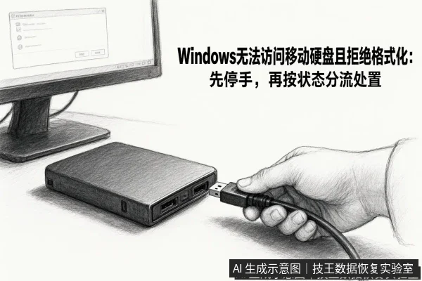 文章内容场景示意图：Windows无法访问移动硬盘且拒绝格式化：先停手，再按状态分流处置