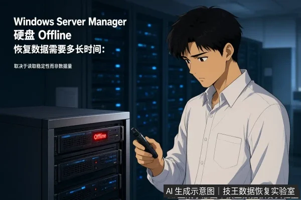 文章内容场景示意图：Windows Server Manager 硬盘 Offline 恢复数据需要多长时间：取决于读取稳定性而非数据量