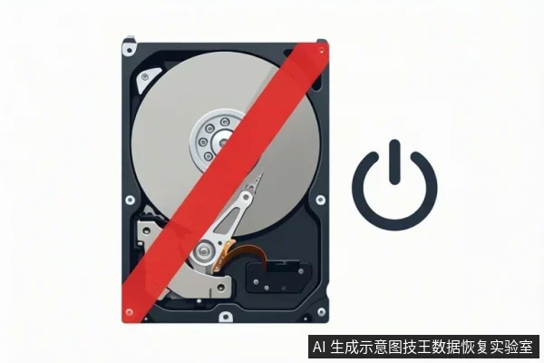 一块打开顶盖的机械硬盘，盘片与磁头组件可见，硬盘上覆盖一条红色斜向禁止带，右侧有一个电源开关图标。