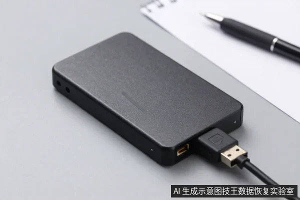 黑色外置硬盘平放在浅灰色桌面上,USB数据线插在侧面接口,旁边有笔和纸张。