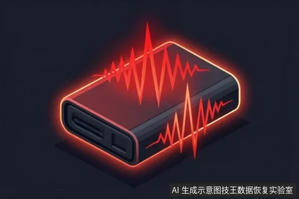 黑色USB移动硬盘盒的等距插画,设备边缘发出红色光晕,表面和周围有红色波形线条,背景为深色。