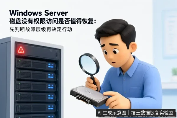 文章内容场景示意图：Windows Server磁盘没有权限访问是否值得恢复：先判断故障层级再决定行动