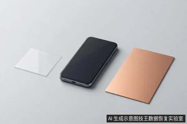 灰色桌面上并排摆放着一部黑色智能手机、一块白色方形玻璃片和一块铜色矩形板，手机屏幕为黑色无内容。