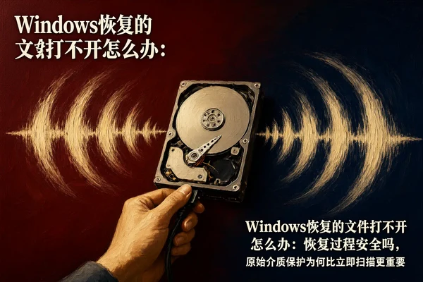 文章内容场景示意图:Windows恢复的文件打不开怎么办:恢复过程安全吗,原始介质保护为何比立即扫描更重要:正文场景