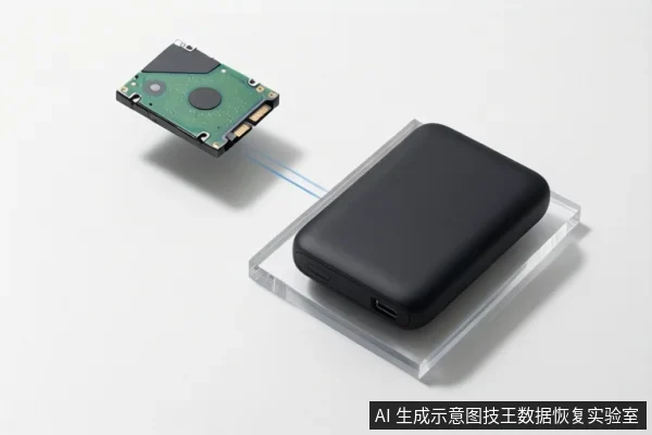 白色背景上，左上方悬浮一块M.2固态硬盘，右下方透明底座上放置一个黑色移动硬盘盒，两者之间有蓝色示意线连接。