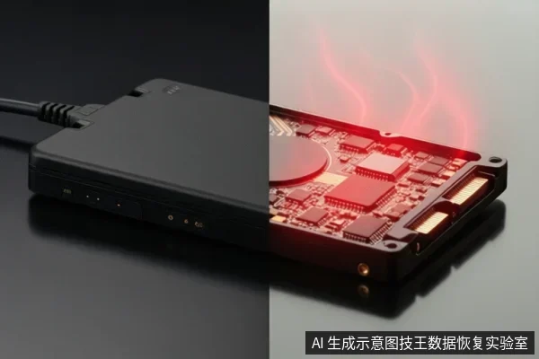 画面左侧为黑色外接存储设备连接线缆,右侧为红色电路板芯片,上方有红色热浪示意。