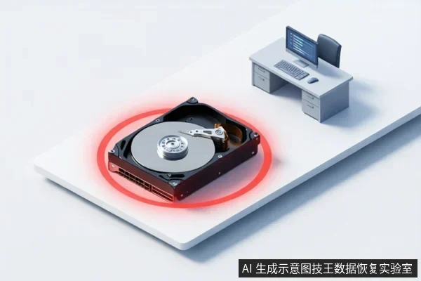 白色台面上放置一个打开外壳的机械硬盘,可见盘片、主轴和磁头组件,硬盘周围有红色光环;右上方有一张办公桌,桌上有显示器、键盘和鼠标。