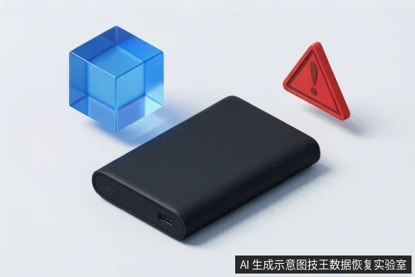 浅灰背景上放置一个黑色移动硬盘,左上方有蓝色透明立方体,右上方有红色感叹号警告三角图标。