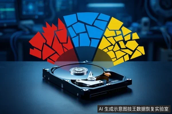 深色桌面上放置一个打开外壳的机械硬盘,上方悬浮红、蓝、黄三色破碎扇形图案,背景为模糊机房设备。