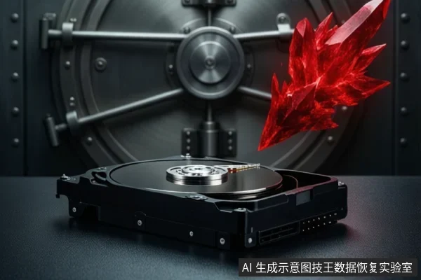 桌面上放置一块裸露的机械硬盘，背景为保险库门，右侧悬浮一个红色水晶状图标。