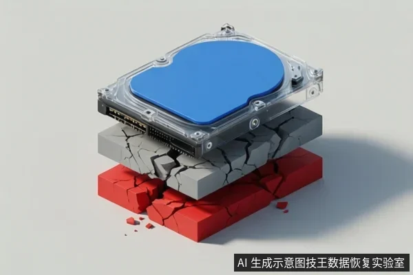 白色背景上,一个带蓝色顶盖的硬盘叠放在灰色和红色裂纹方块上,底部有碎屑,无文字。