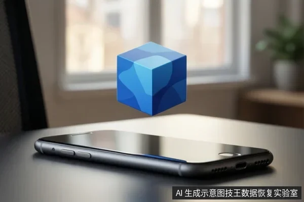 桌面上平放一部智能手机,手机上方悬浮一个蓝色立方体图标,背景为室内窗边环境。