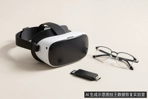 白色VR头显、黑框眼镜与USB-C闪存盘置于浅色桌面