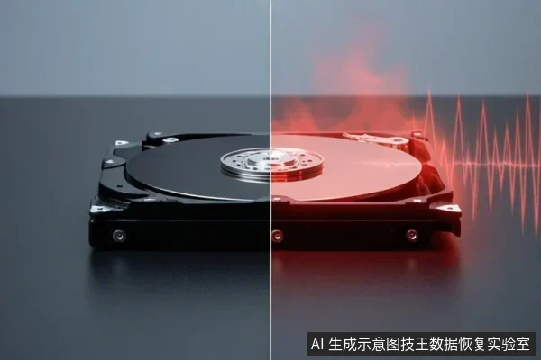 一个打开的机械硬盘,画面被垂直分割,左侧为正常状态,右侧呈现红色烟雾和波形,示意故障或损坏。