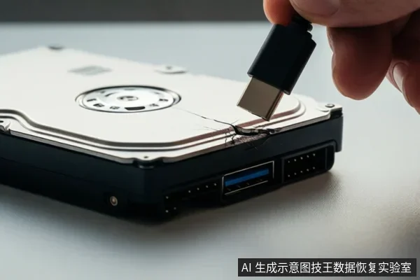 一只手拿着USB-C接头,悬停在一个机械硬盘的接口上方,硬盘金属顶盖边缘可见明显裂纹。