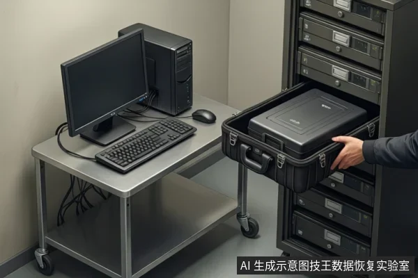 金属桌上放着显示器、主机、键盘和鼠标;右侧机柜中,一只手正拉出装有黑色硬盘盒的防护箱。