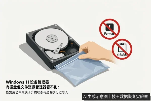 正文场景：文章内容场景示意图：Windows 11设备管理器有磁盘但文件资源管理器看不到：恢复成功率取决于介质状态与是否执行过写入