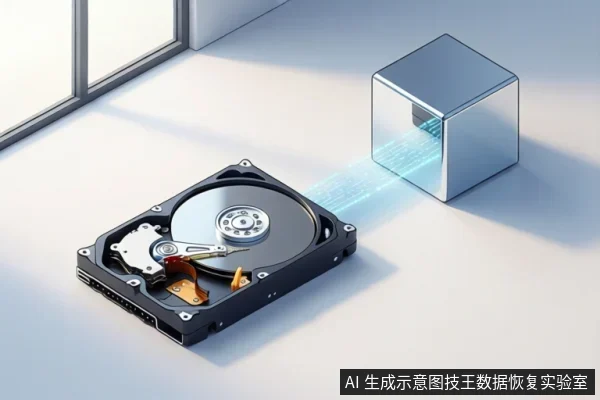 白色桌面上放置一块打开顶盖的机械硬盘,盘片与磁头臂清晰可见;右侧有一个透明立方体,向硬盘方向投射蓝色光束。