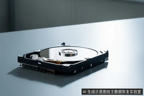 灰色桌面上放置一块打开顶盖的机械硬盘,可见金属盘片、中心主轴和磁头组件,前端露出SATA接口。