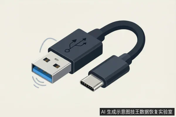 画面展示一根黑色USB数据线,一端为蓝色内芯的USB-A接口,另一端为USB-C接口,接口旁有示意信号弧线。