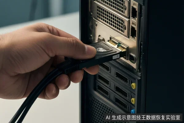 一只手正将一根黑色SATA数据线的接头插入电脑机箱后部的SATA接口，机箱上可见多个扩展槽和接口。