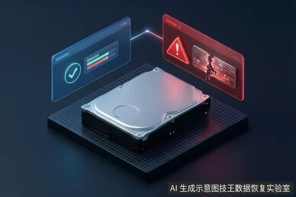 一块机械硬盘置于深色网格底座上，上方悬浮蓝色对勾面板与红色警告面板，示意状态核对与故障风险。