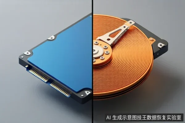 画面被竖直分割,左侧为蓝色外壳的固态硬盘,右侧为橙色盘片与磁头组件的机械硬盘,两者并排展示。