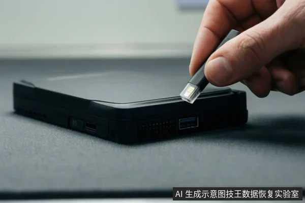一只手正将USB闪存盘插入黑色外置存储设备侧面的USB接口,设备表面可见散热孔和接口。
