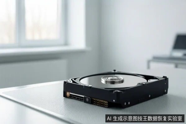 白色桌面上放置一块打开顶盖的机械硬盘,可见盘片、主轴和接口,背景为模糊的窗户与室内环境。