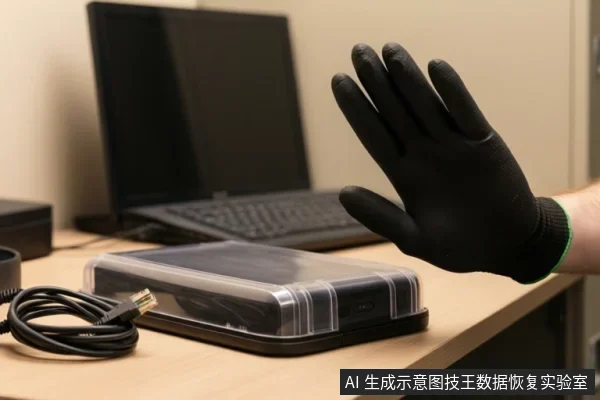 桌面上放着透明防水盒、硬盘盒和SATA线，背景有笔记本电脑；一只戴黑色手套的手伸向设备。