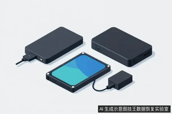 三个黑色外置存储设备,左侧设备连有USB线,中间设备带蓝色屏幕,右侧设备连有电源适配器。