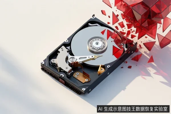 一块机械硬盘平放在浅色背景上,盘片与磁头组件可见,右侧有红色碎裂几何图形向外扩散,象征硬盘故障或数据损坏。