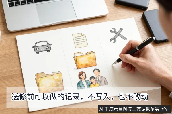 一只手用钢笔在纸上勾画,纸面印有汽车、文件夹、家庭人物、文档和扳手图标,旁边是笔记本电脑与手机。