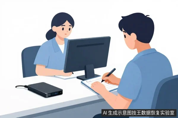 一名女子坐在电脑前,对面男子手持笔在纸上记录,桌上放着一台黑色外置硬盘。