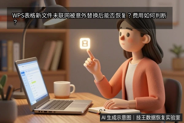 一位女性坐在书桌前,用右手食指点击空中发光的文档图标,面前笔记本电脑显示表格,桌上有台灯、水杯和笔记本。